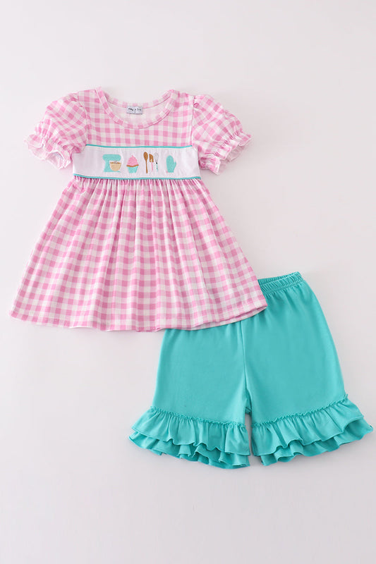 Pink Let's Bake Embroidery Girl Gingham Set