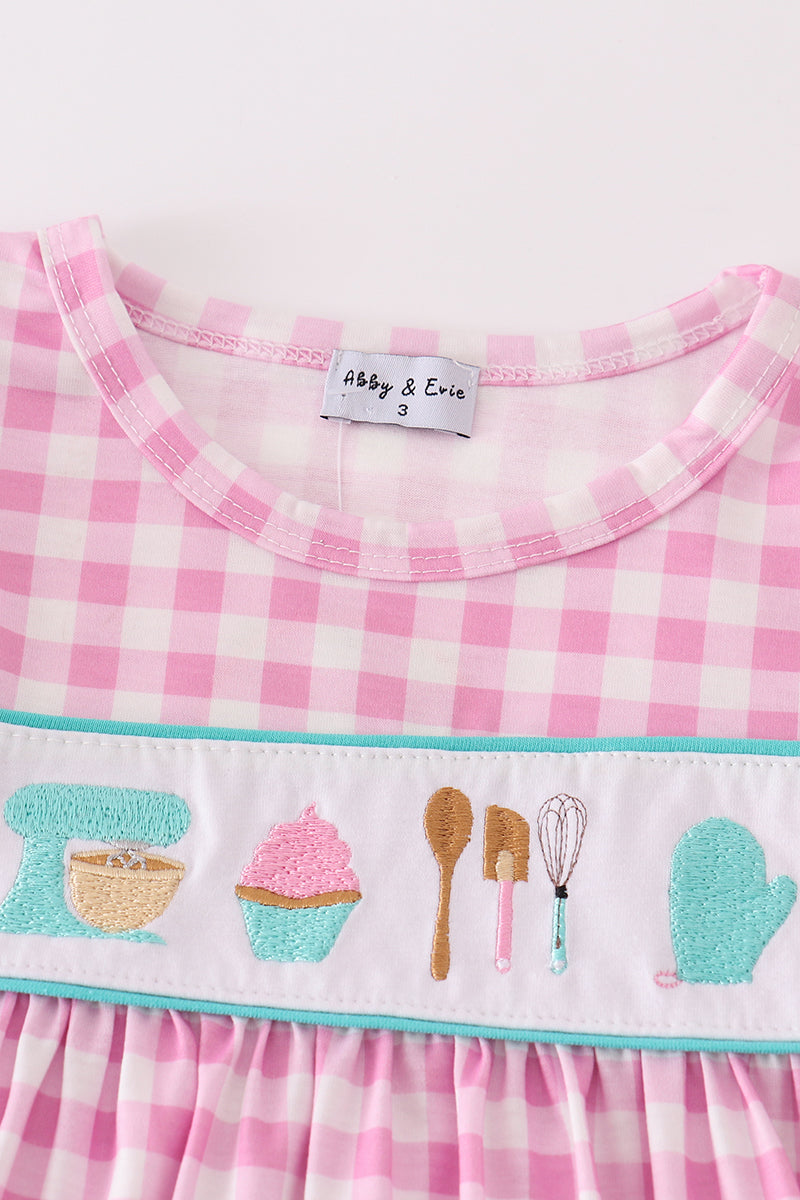 Pink Let's Bake Embroidery Girl Gingham Set