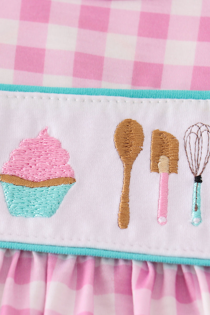 Pink Let's Bake Embroidery Girl Gingham Set