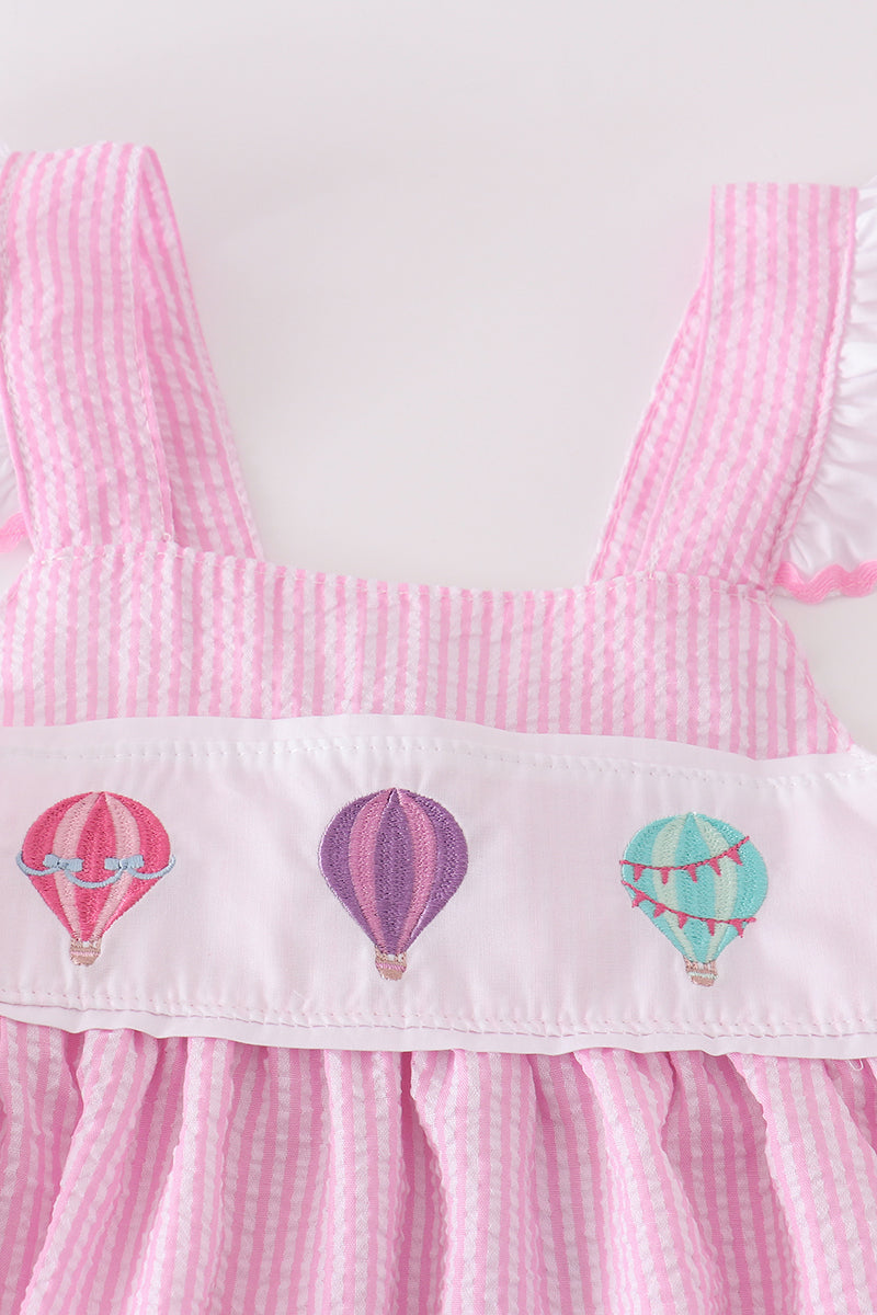 Pink seersucker hot air balloon embroidery girl set