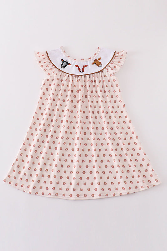 Floral print cow embroidery girl dress