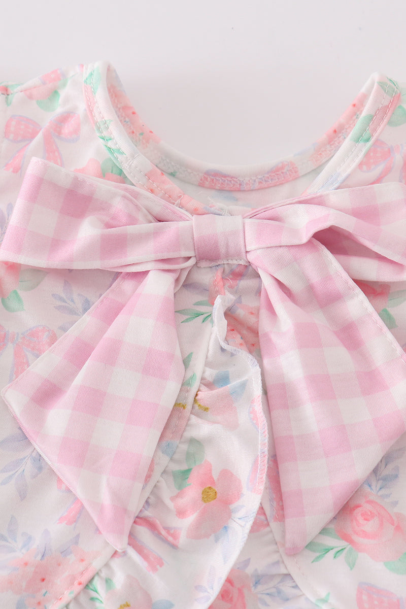 Pink floral bow print girl bloomer set