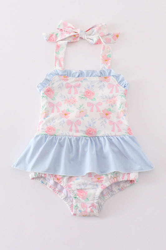 Pink floral bow print girl swimsuit