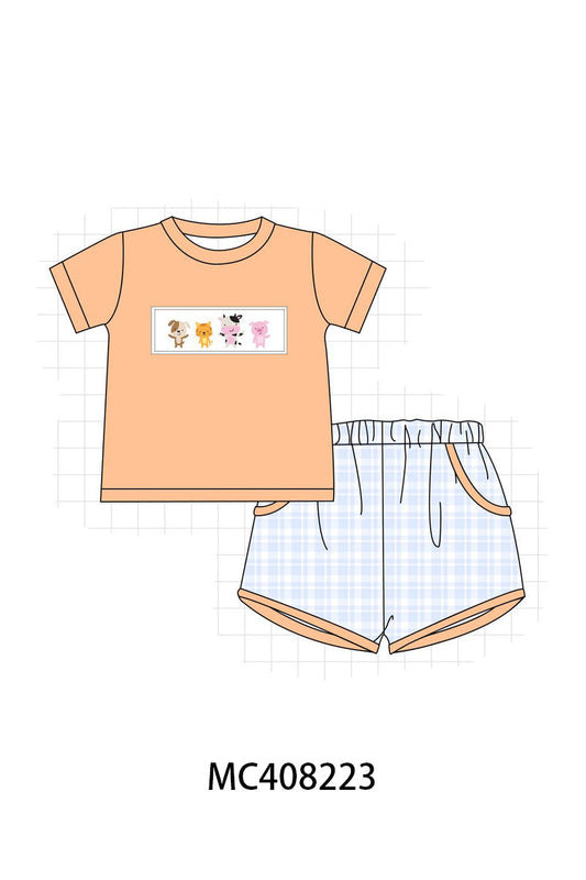 Farm embroidery boy plaid set