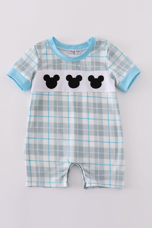 Blue plaid character embroidery boy romper