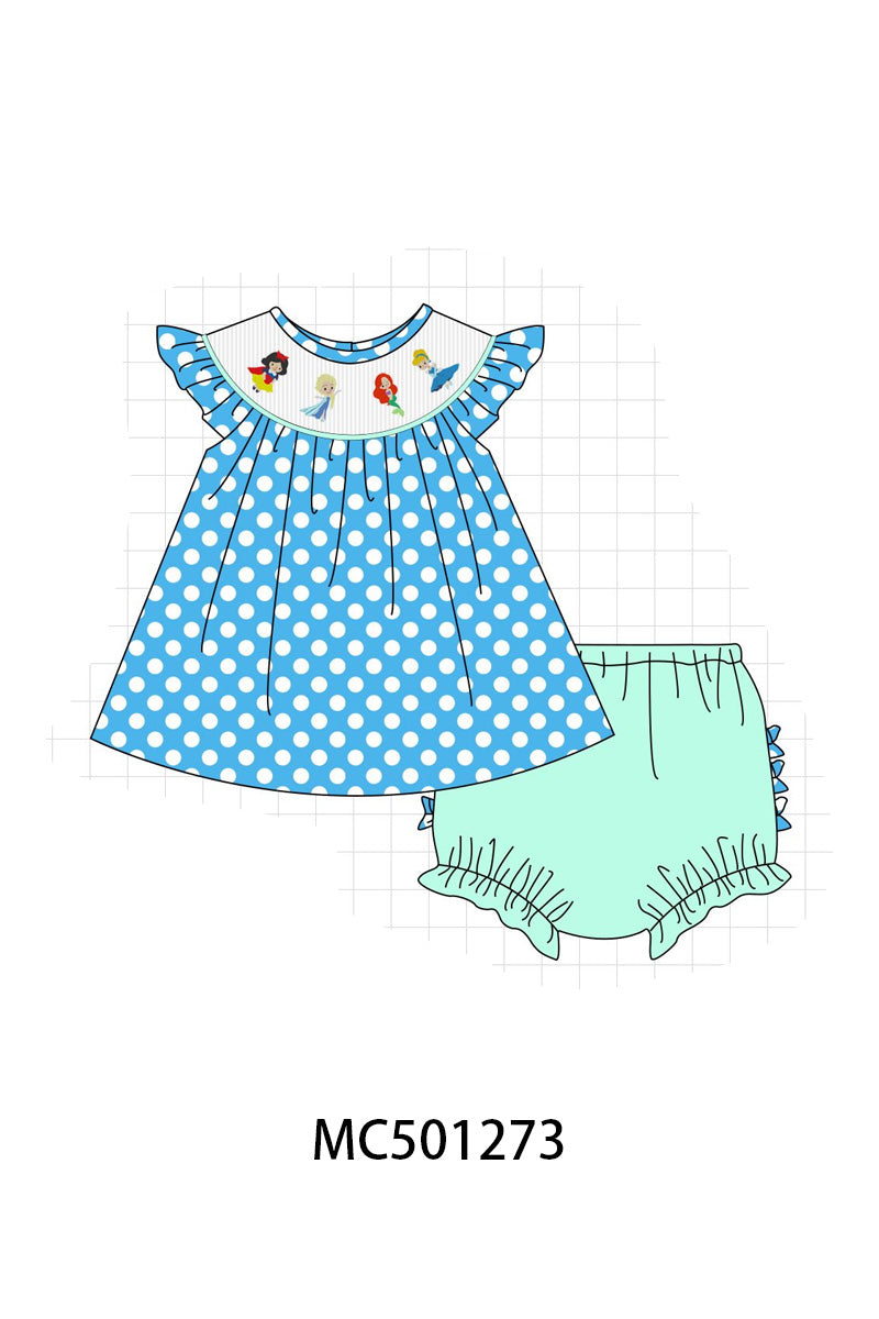 PO49 Blue princess embroidery smocked dot collection