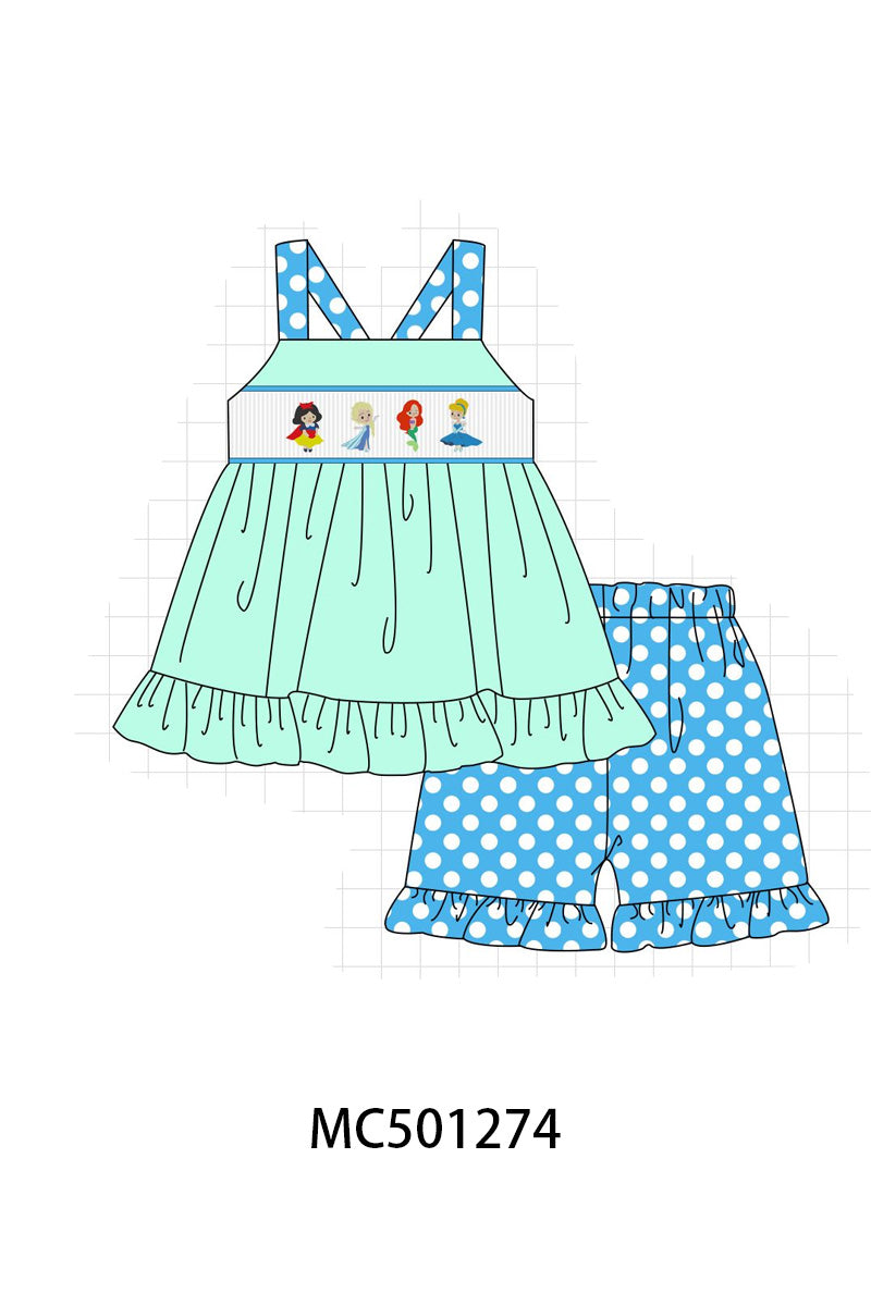 PO49 Blue princess embroidery smocked dot collection