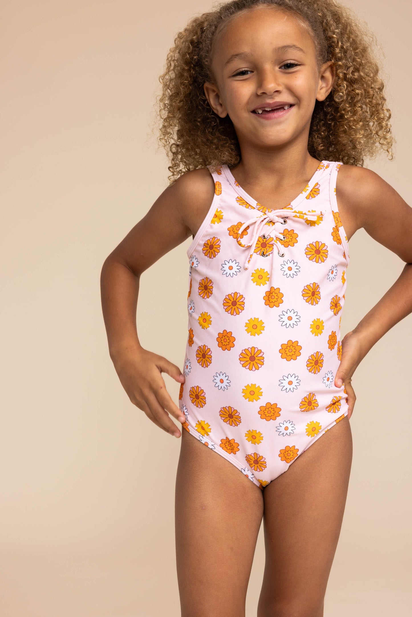 Orange floral print tie one piece girl swimsuit