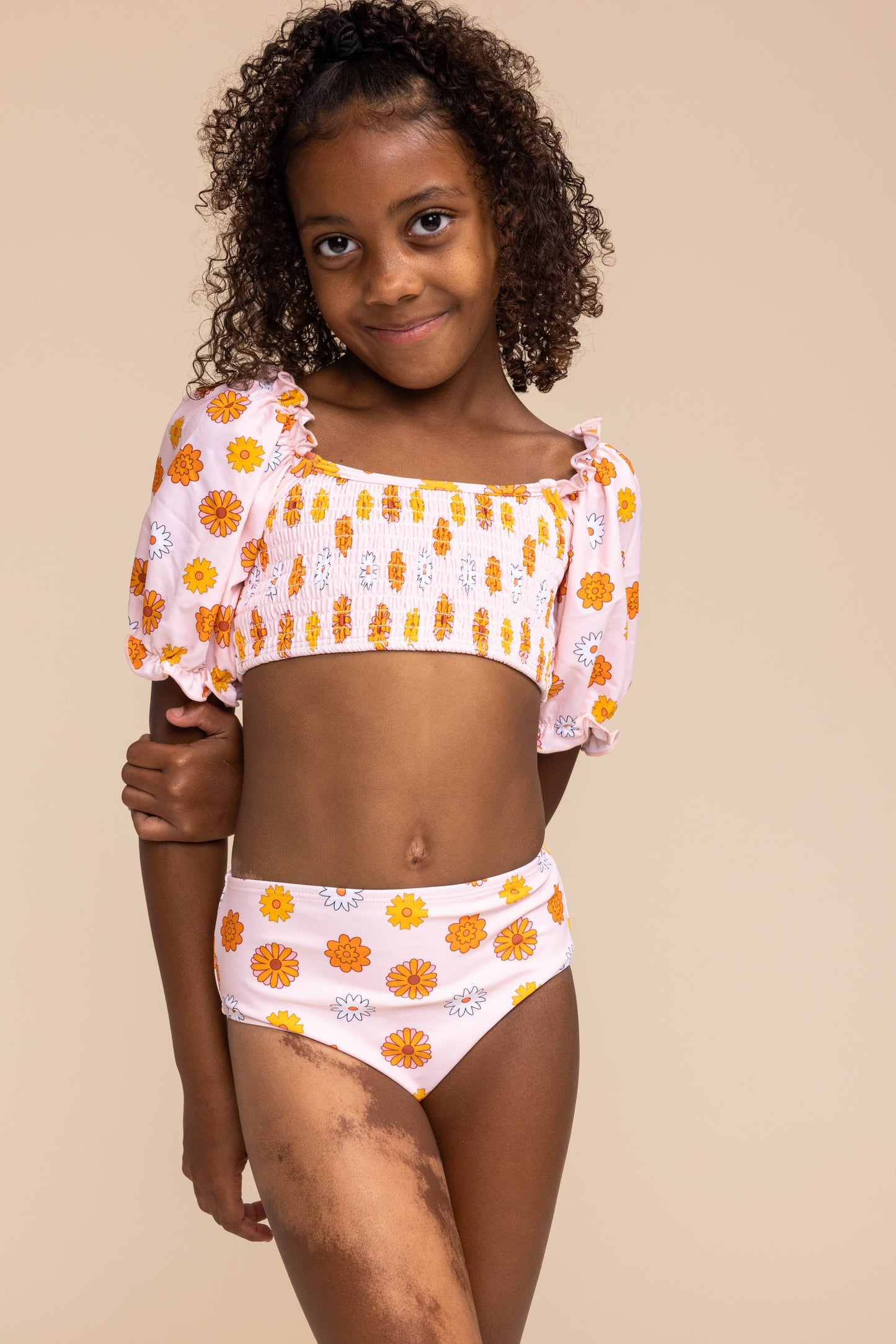 Orange floral print smocked 2pc girl swimsuit (size run small, go up 2-3 sizes)