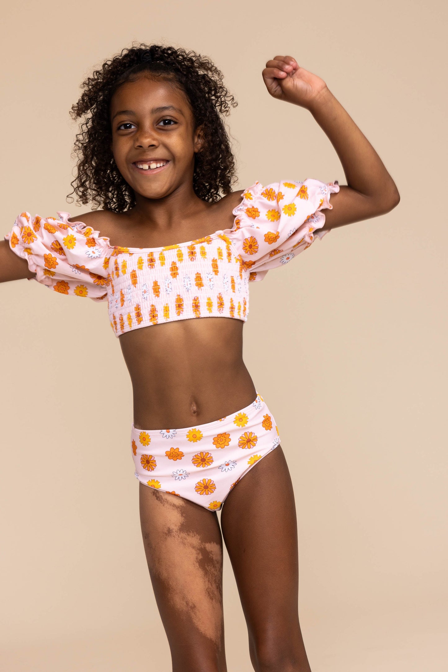 Orange floral print smocked 2pc girl swimsuit (size run small, go up 2-3 sizes)