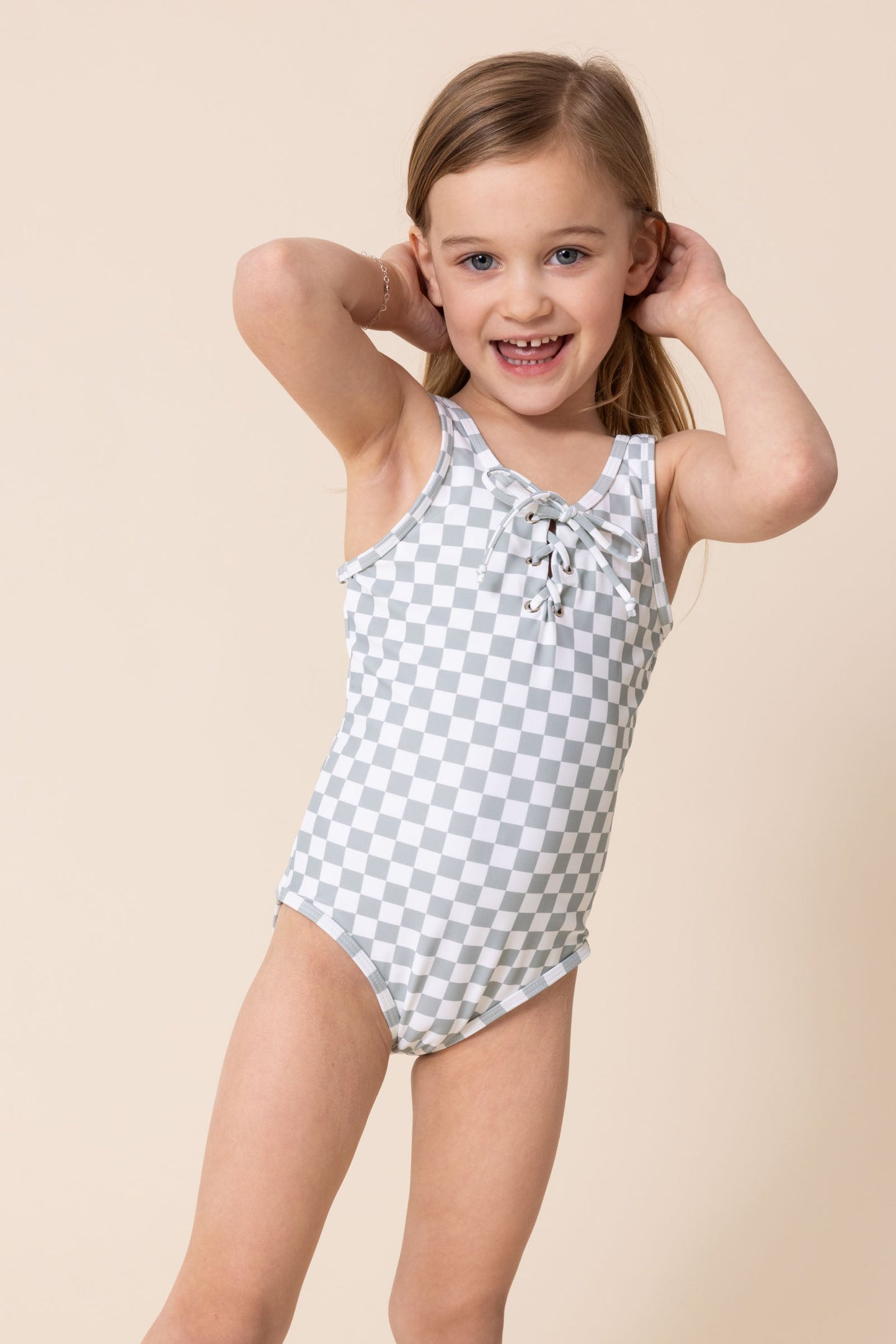 Green plaid one piece girl swimsuit