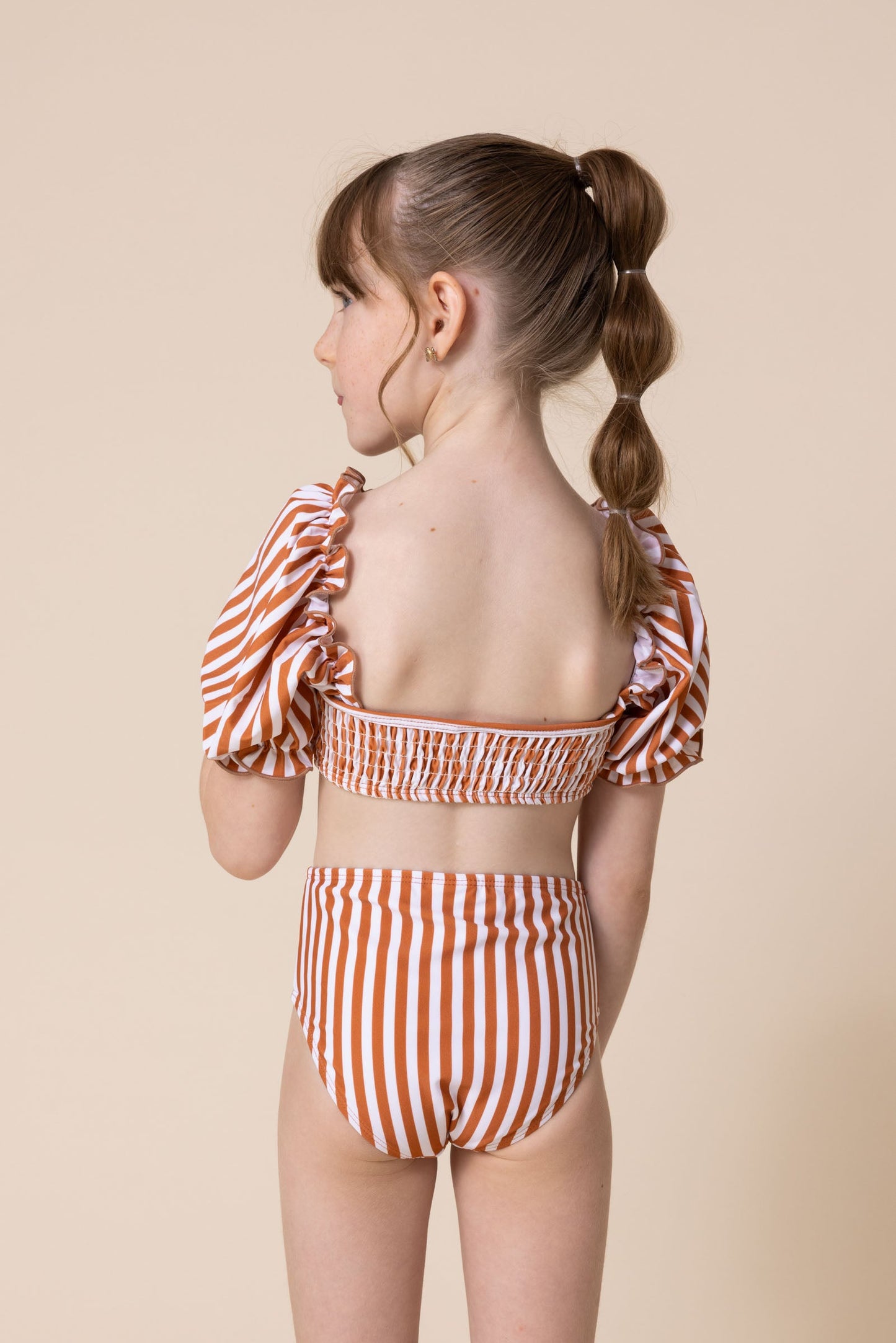 Terracotta stripe smocked 2pc girl swimsuit (size run small, go up 2-3 sizes)