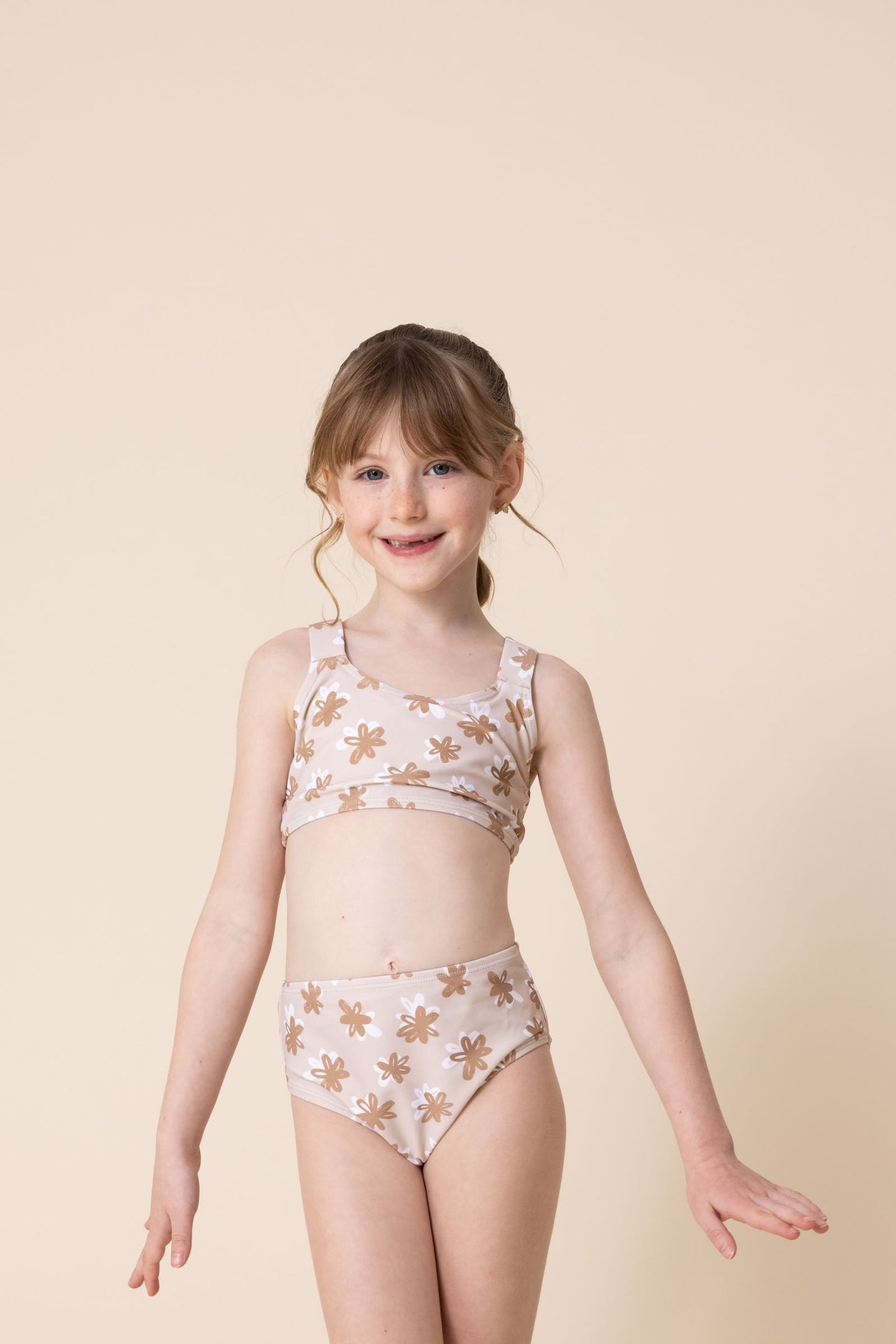 Brown & white floral print 2pc girl swimsuit (size run small, go up 2-3 sizes)