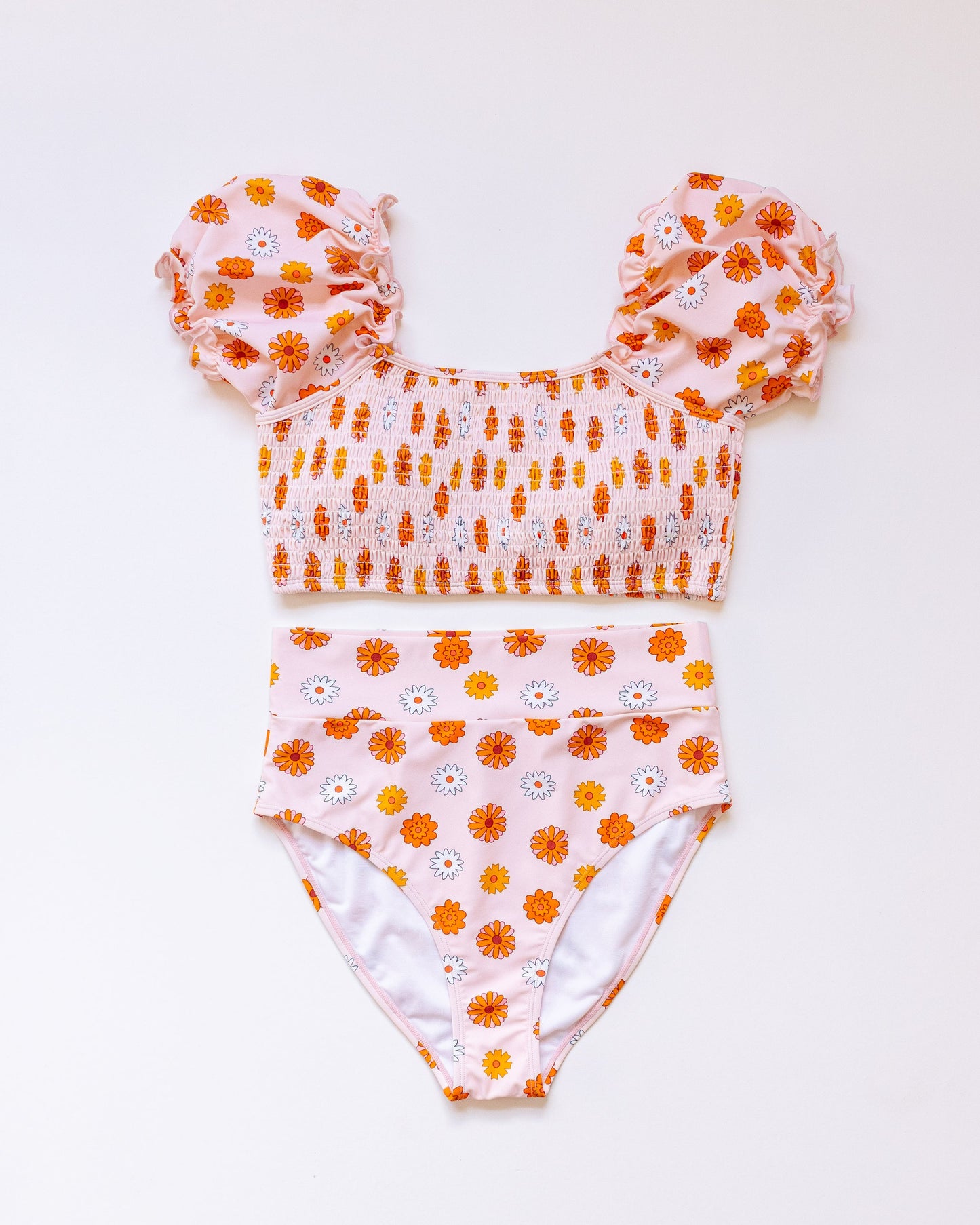 Orange floral print smocked bikini 2pc women swimsuit